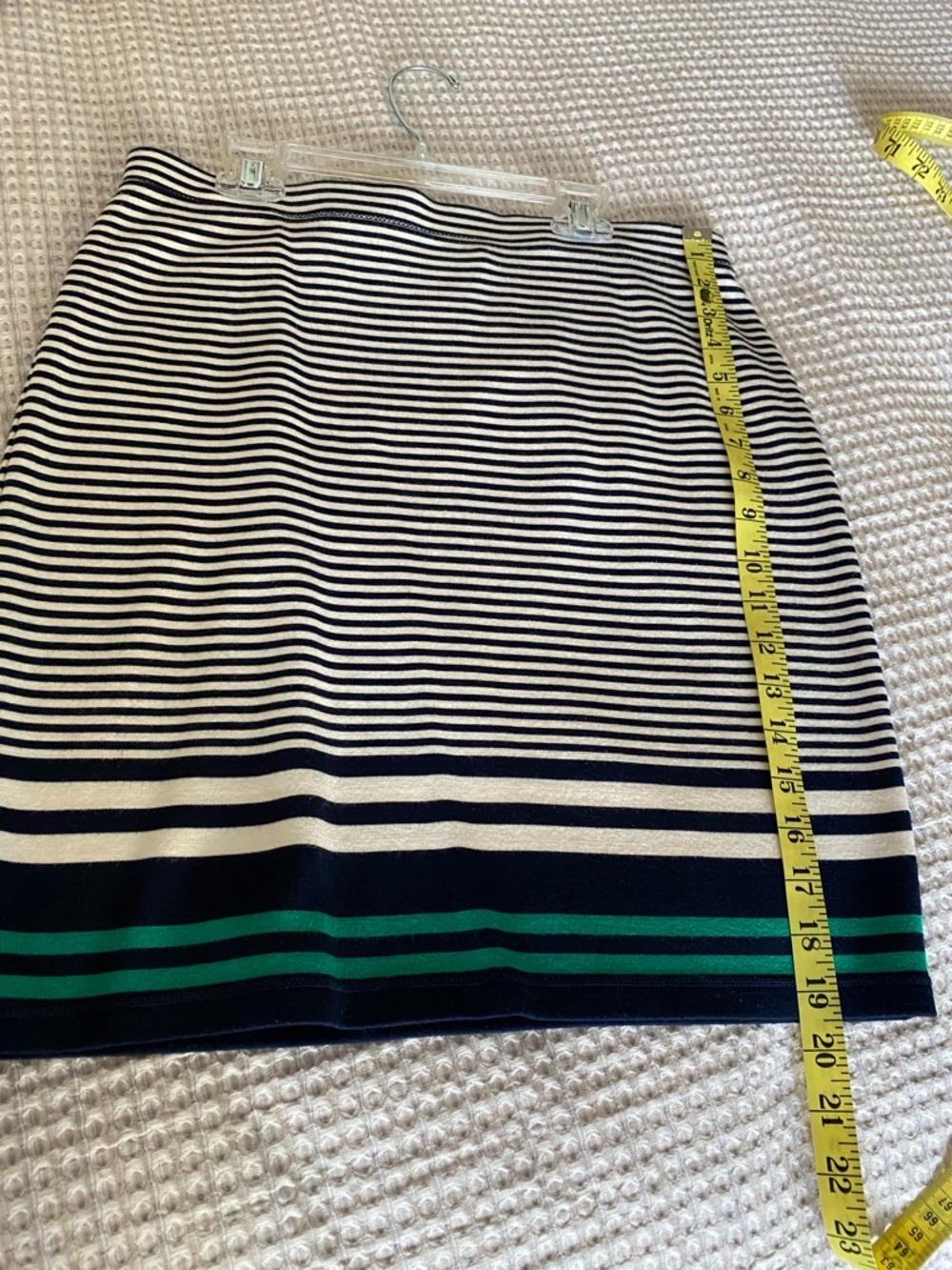 Max Studio Navy and White Striped Mini Skirt with Green Hem Stripe